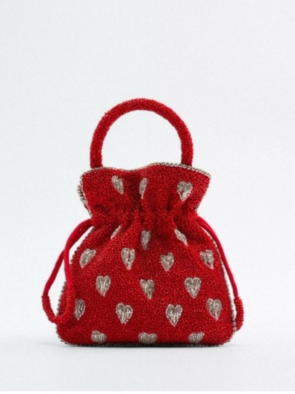Zara Red Beaded Heart Drawstring Handbag